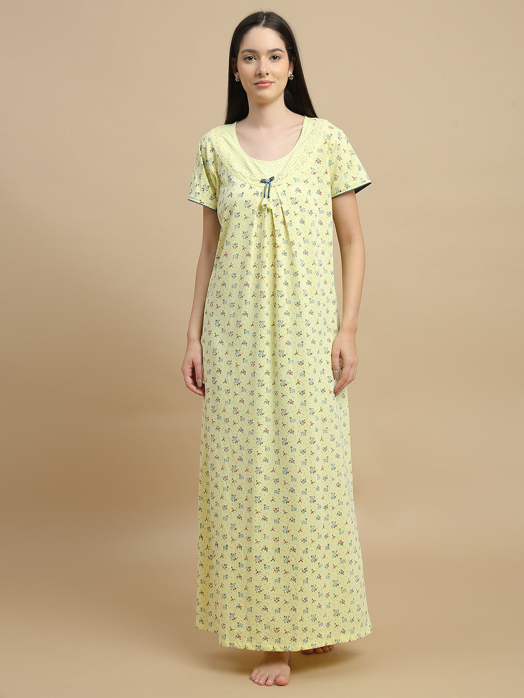 Yellow floral night dress for women in cotton blend fabric