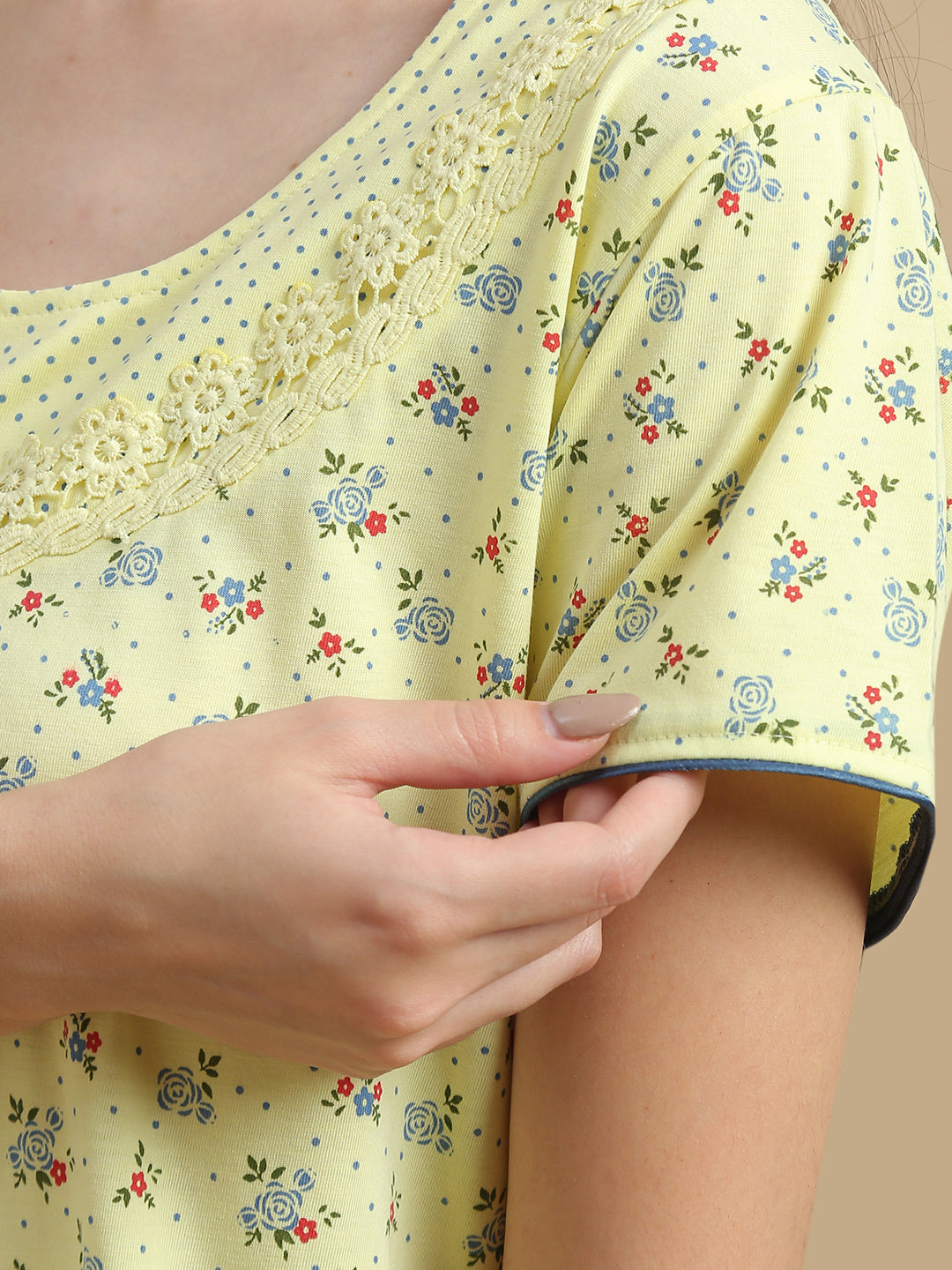 Yellow floral night dress for women in cotton blend fabric
