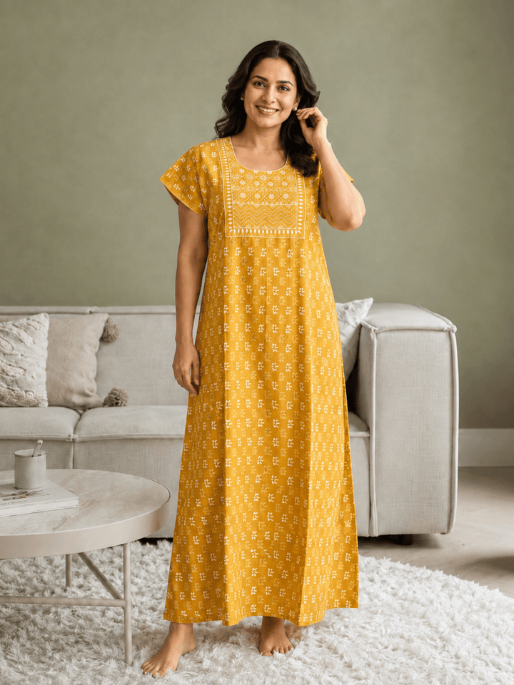 Utsav yellow pure cotton nightydress for women online