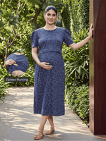 Curly Blue Swirl Print Cotton Maternity Nighty with Feeding Flap