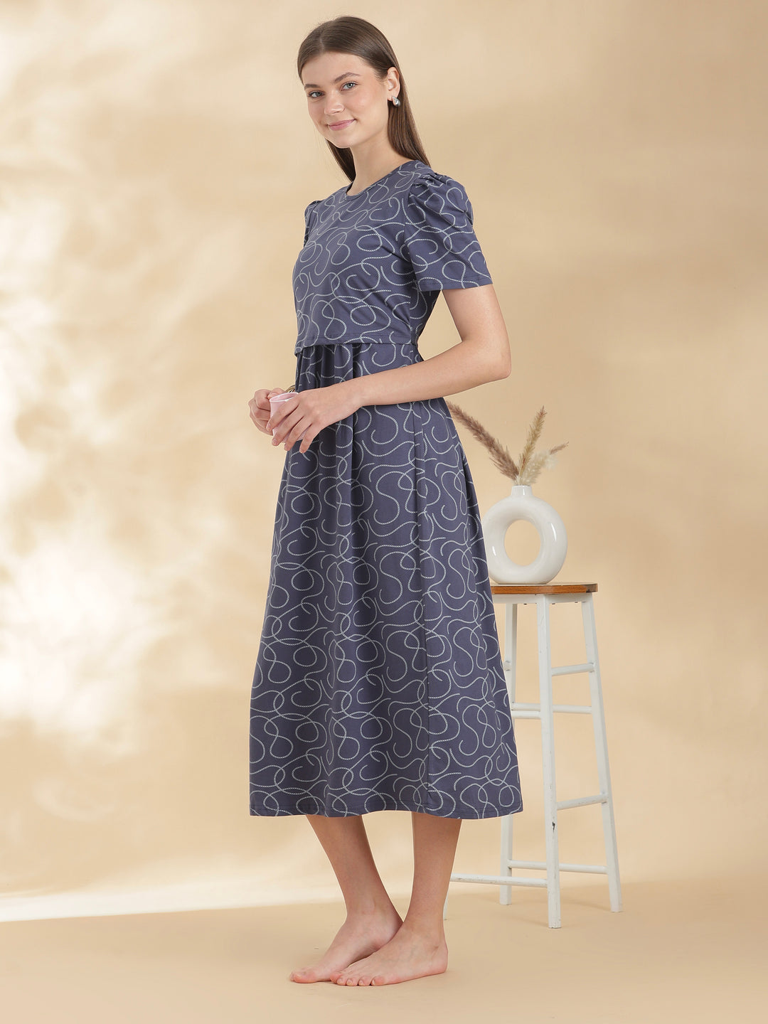 Curly blue zipless maternity feeding nighty for women