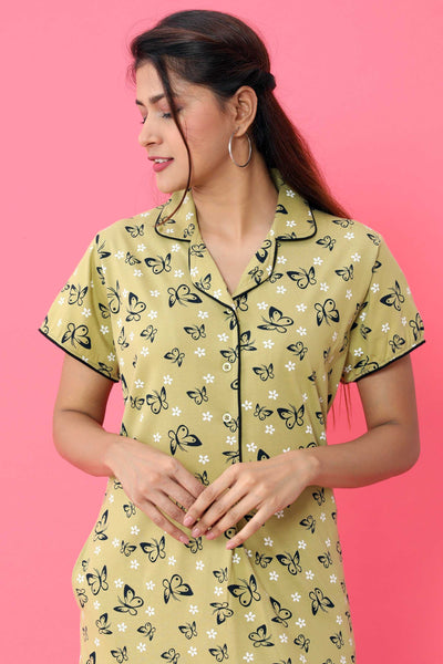 Hosiery Cotton Collar Nighty | Green