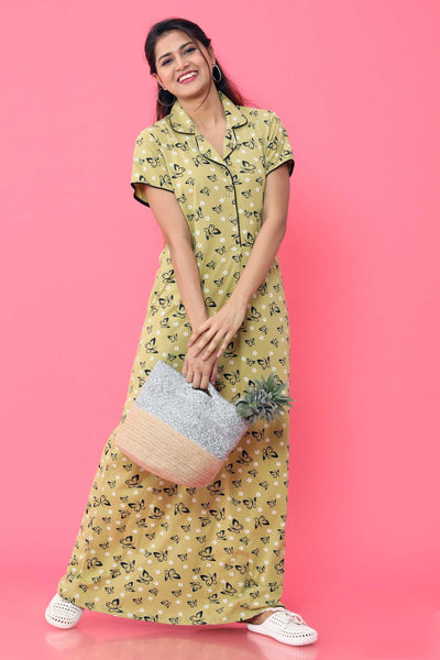 Hosiery Cotton Collar Nighty | Green