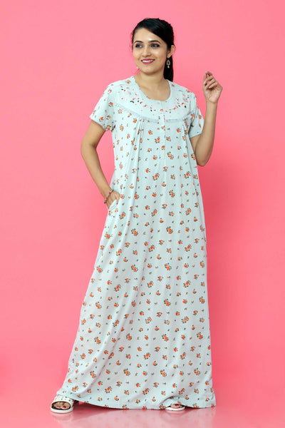 A fair coloured Female Model wearing Grey Hosiery Cotton Feeding Maternity Long Nighty