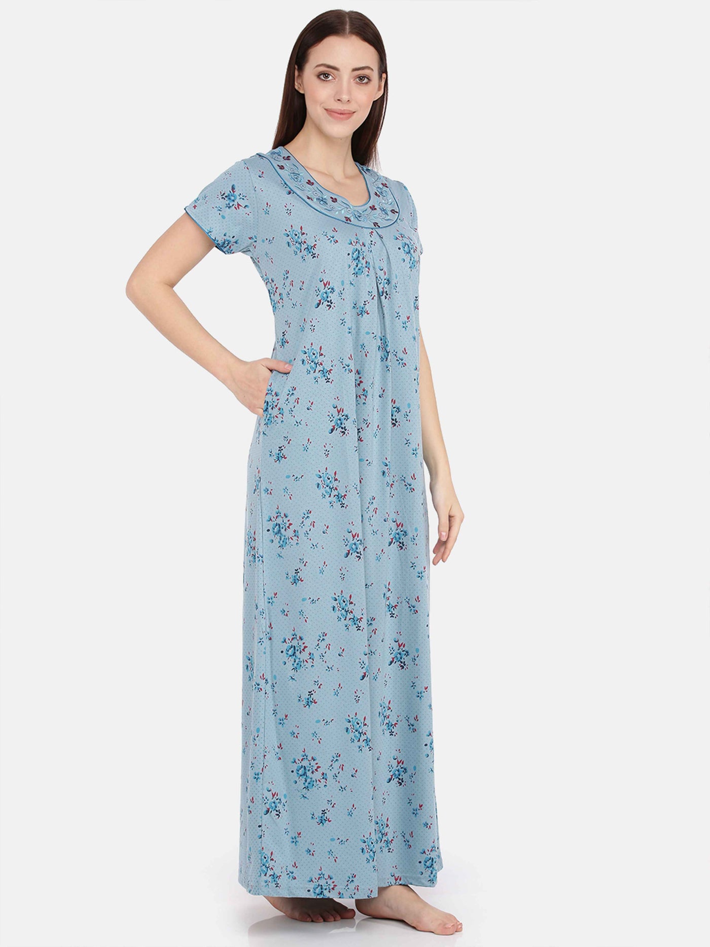 Blue Cotton Blend Designer Nighty 