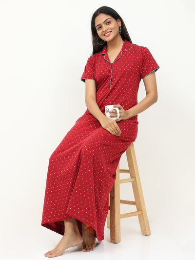  Red Hosiery Cotton Collar Nighty