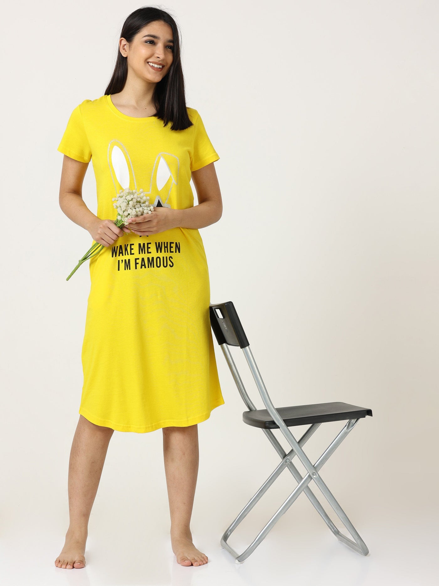 Hosiery Cotton Short Nighty | Bright Yellow