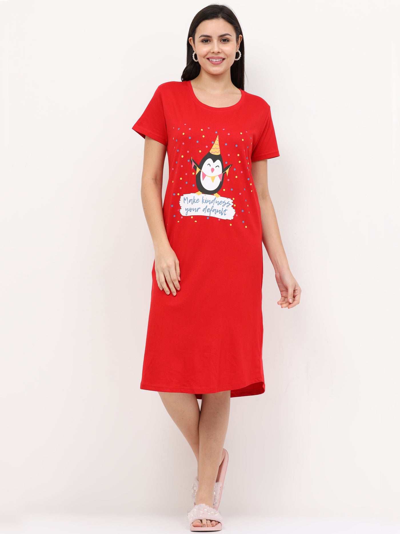 Hosiery Cotton Short Nighty Red Penguin