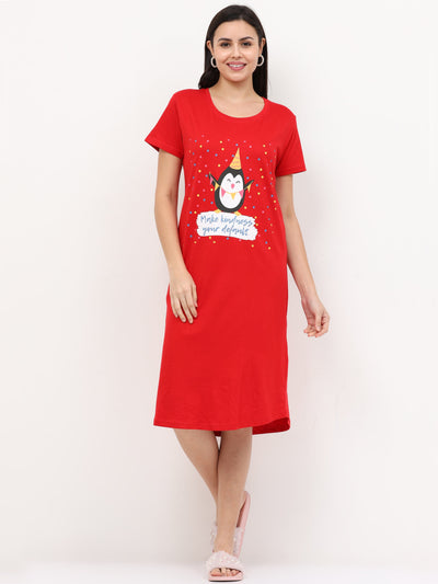 Hosiery Cotton Short Nighty Red Penguin