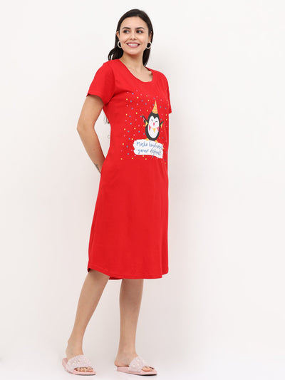 Hosiery Cotton Short Nighty Red Penguin
