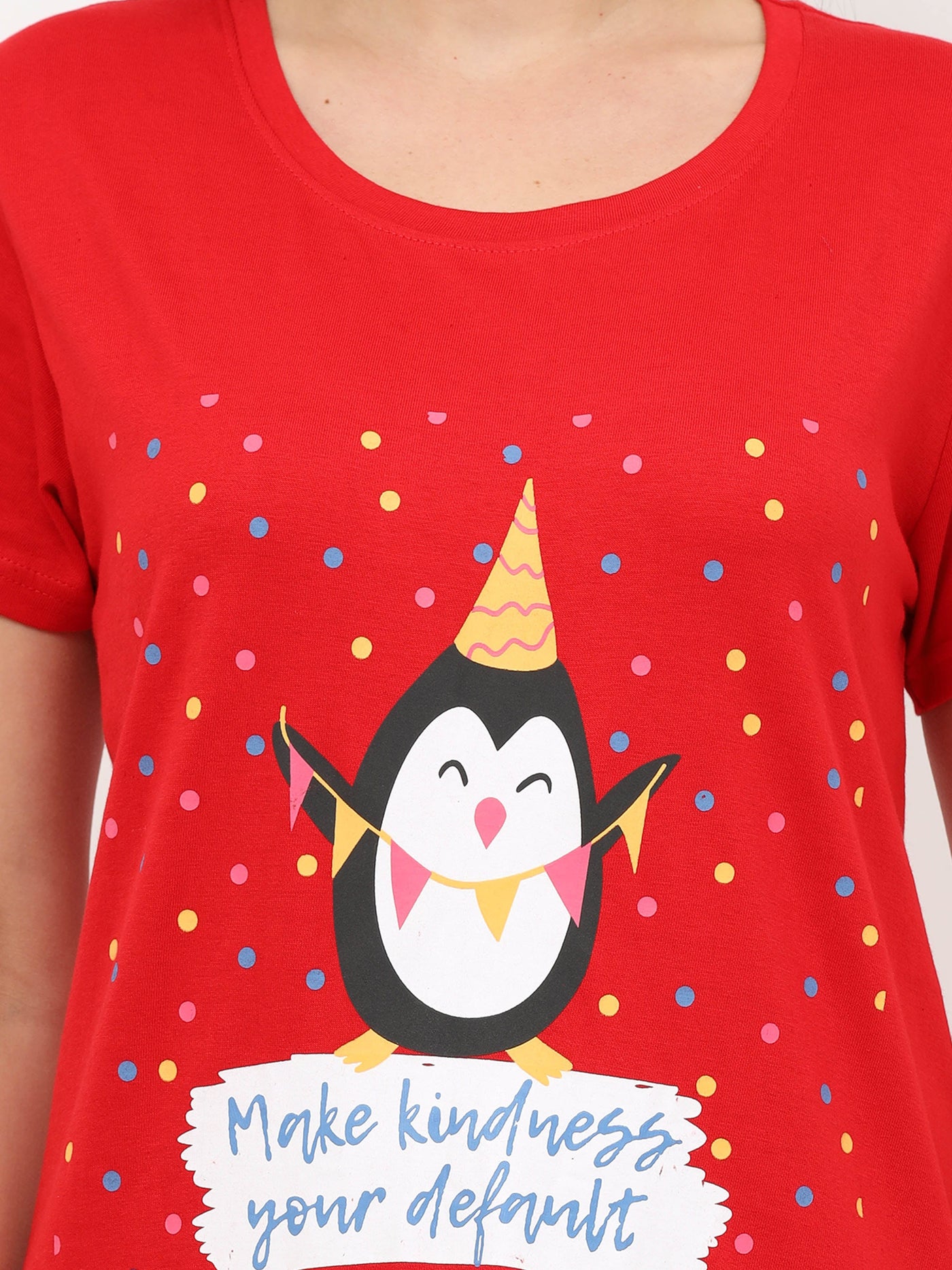 Hosiery Cotton Short Nighty Red Penguin