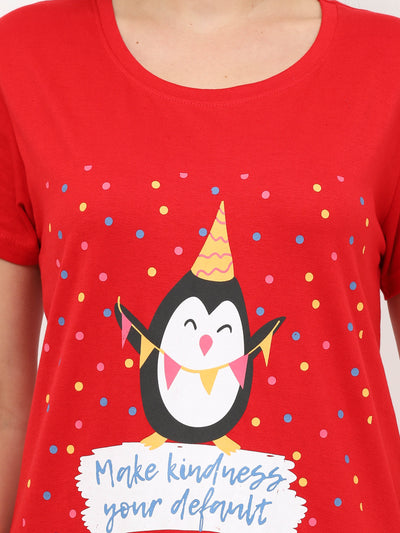 Hosiery Cotton Short Nighty Red Penguin