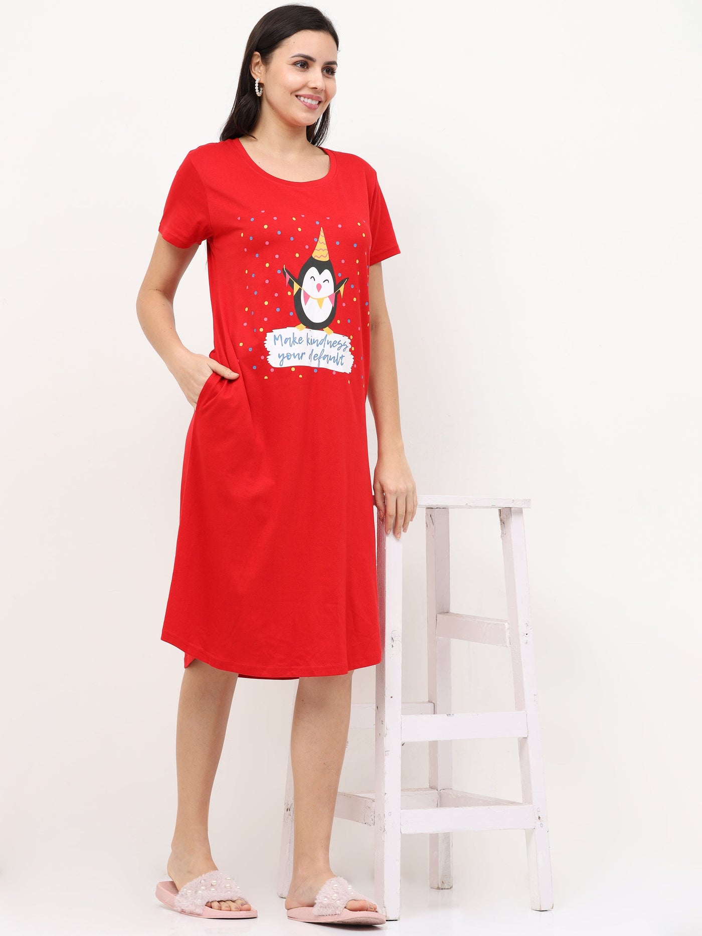 Hosiery Cotton Short Nighty Red Penguin
