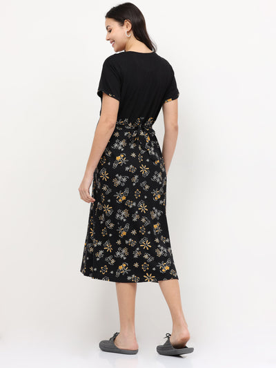 Hosiery Cotton Maternity Nighty Yellow Black