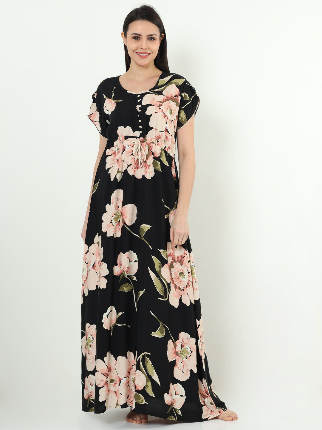  Rayon Designer Nighty  Floral Black Rayon Designer Nighty | Rayon Nighty- 9shines label 