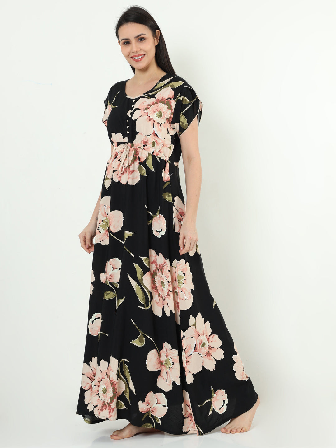  Rayon Designer Nighty  Floral Black Rayon Designer Nighty | Rayon Nighty- 9shines label 