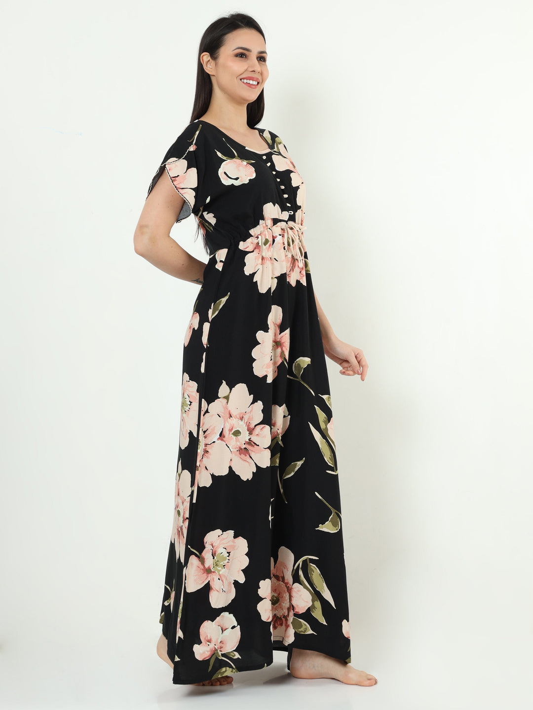  Rayon Designer Nighty  Floral Black Rayon Designer Nighty | Rayon Nighty- 9shines label 