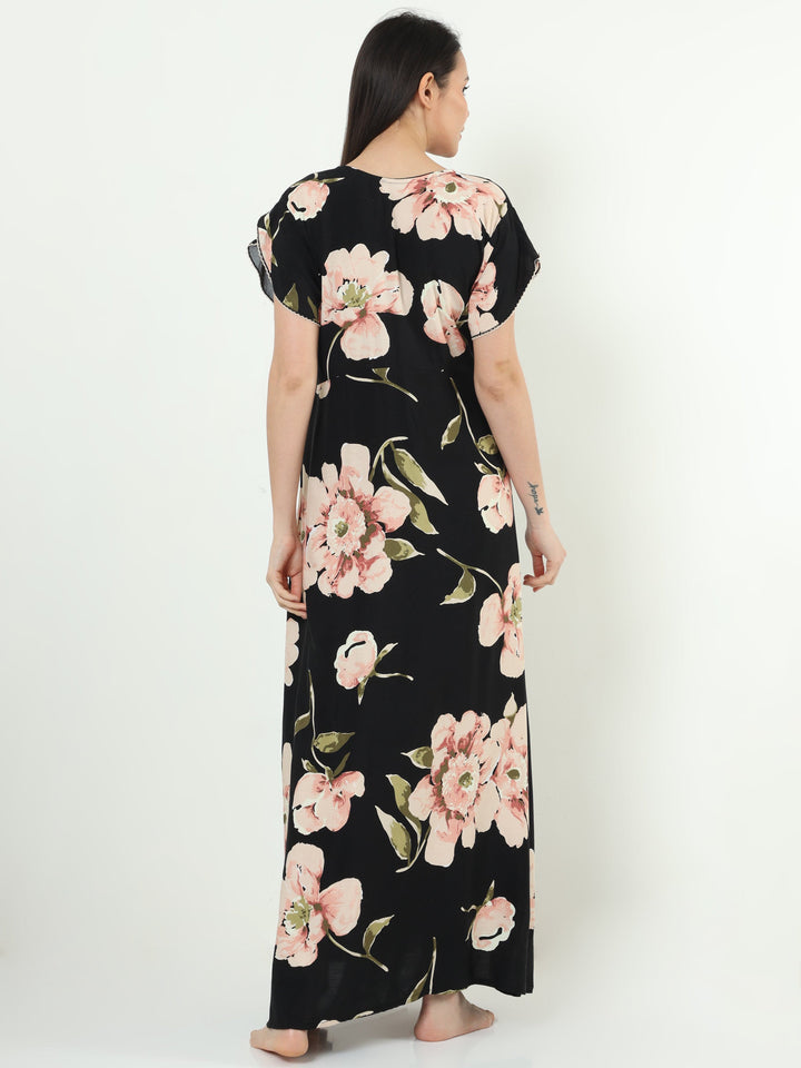 Rayon Designer Nighty  Floral Black Rayon Designer Nighty | Rayon Nighty- 9shines label 