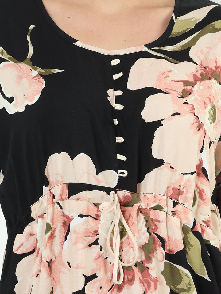  Rayon Designer Nighty  Floral Black Rayon Designer Nighty | Rayon Nighty- 9shines label 