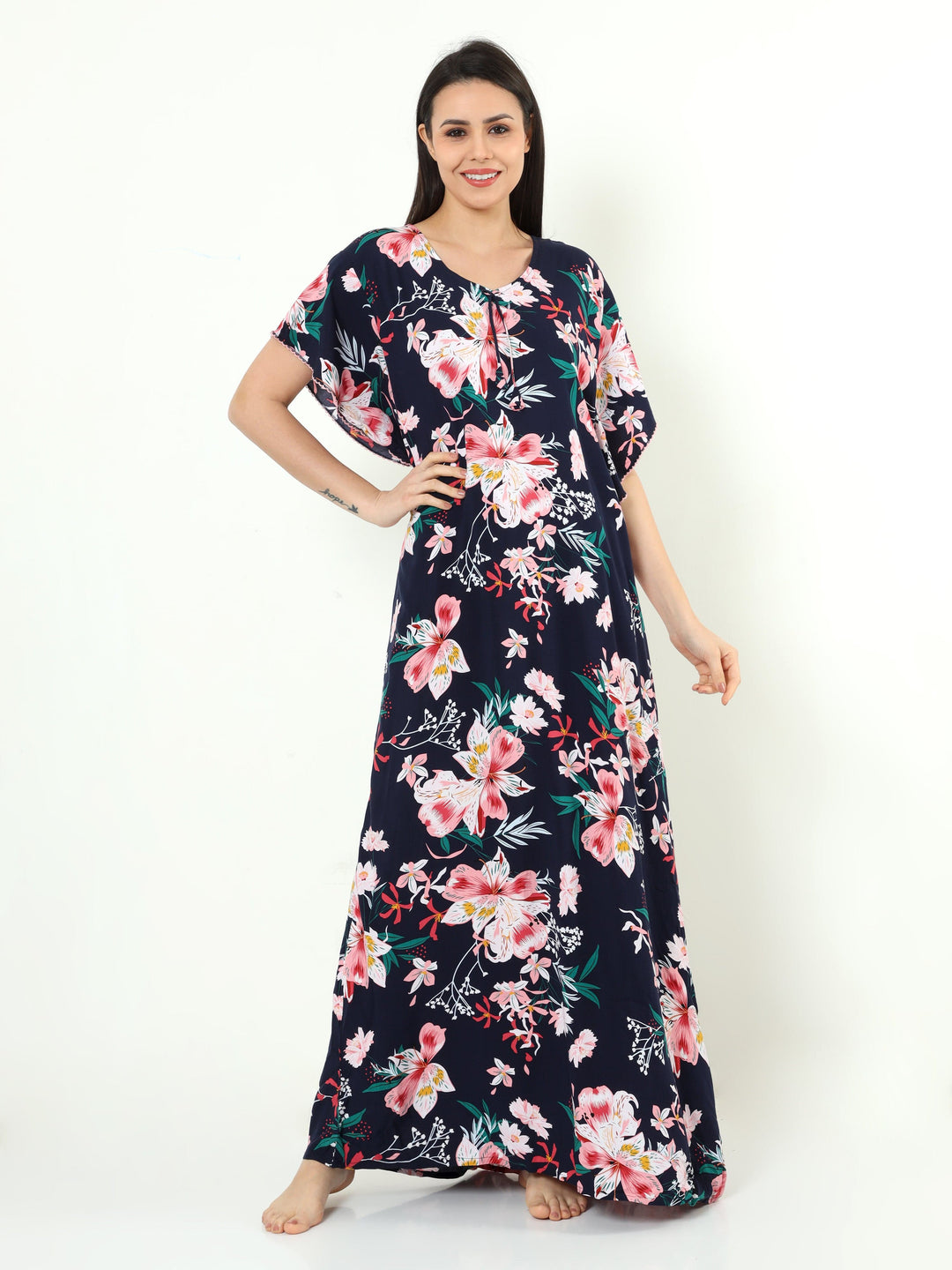  Rayon Designer Nighty  Navy Blue Rayon Designer Nighty | Rayon Nighties Online- 9shines label 