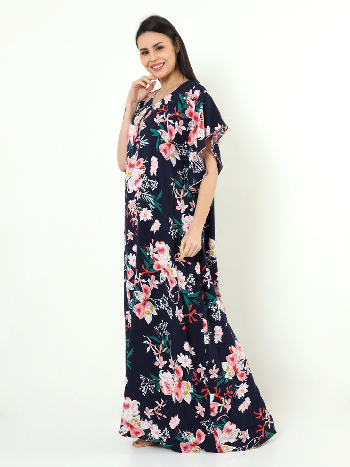  Rayon Designer Nighty  Navy Blue Rayon Designer Nighty | Rayon Nighties Online- 9shines label 