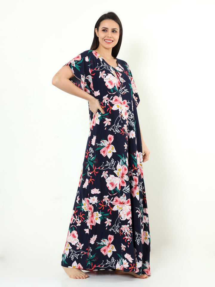  Rayon Designer Nighty  Navy Blue Rayon Designer Nighty | Rayon Nighties Online- 9shines label 