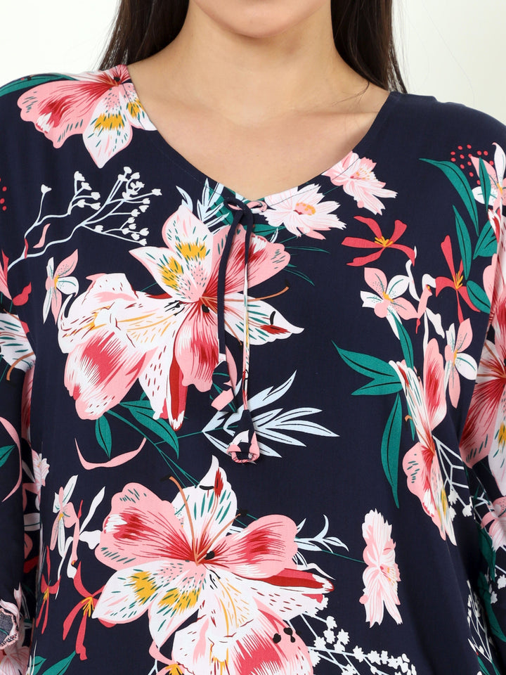  Rayon Designer Nighty  Navy Blue Rayon Designer Nighty | Rayon Nighties Online- 9shines label 