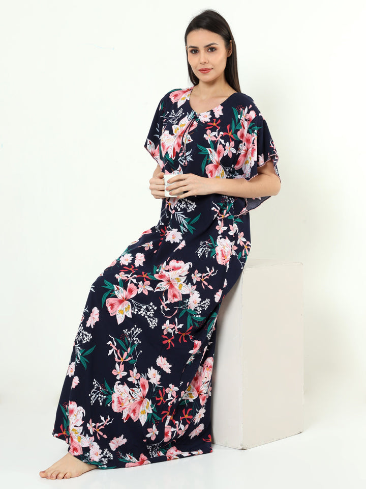  Rayon Designer Nighty  Navy Blue Rayon Designer Nighty | Rayon Nighties Online- 9shines label 