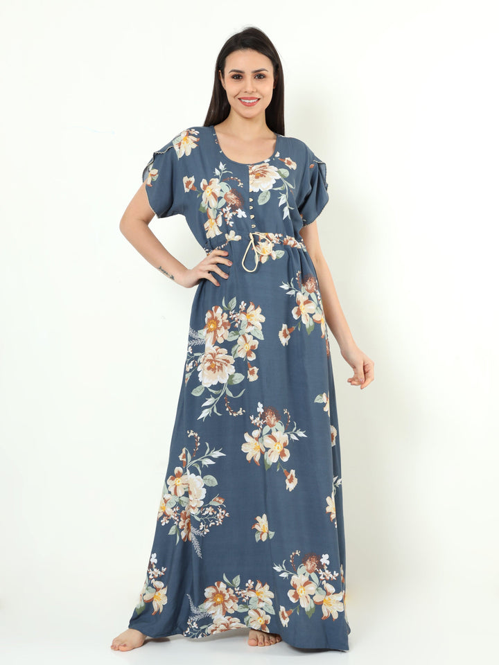  Rayon Designer Nighty  Grey Rayon Designer Nighty | Rayon Nighties Online- 9shines label 