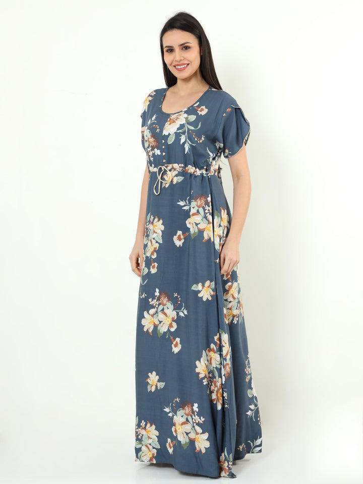  Rayon Designer Nighty  Grey Rayon Designer Nighty | Rayon Nighties Online- 9shines label 