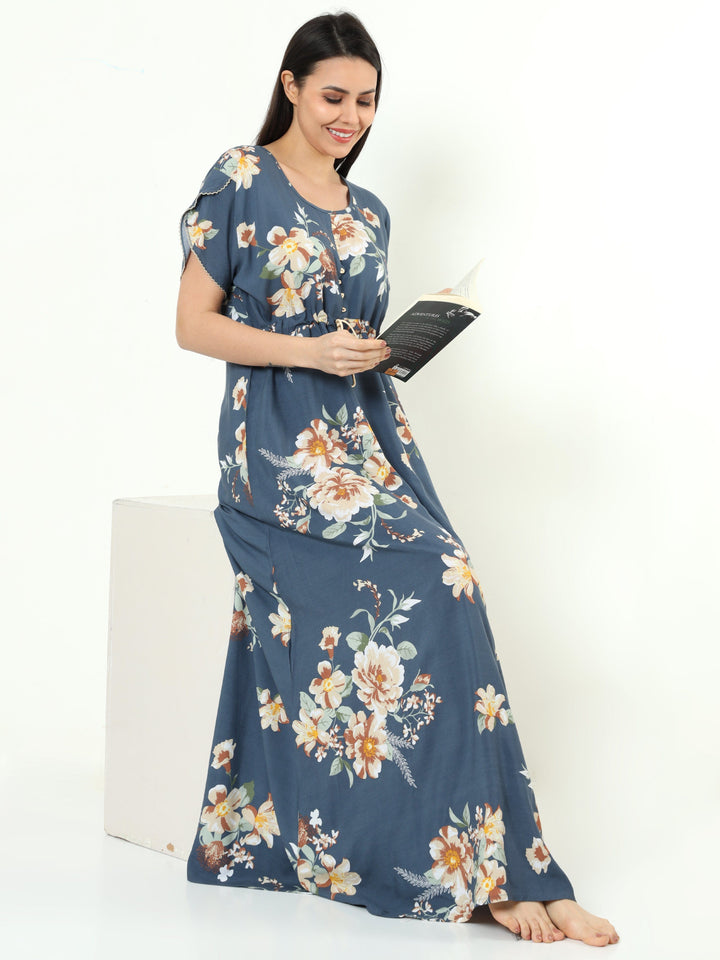  Rayon Designer Nighty  Grey Rayon Designer Nighty | Rayon Nighties Online- 9shines label 