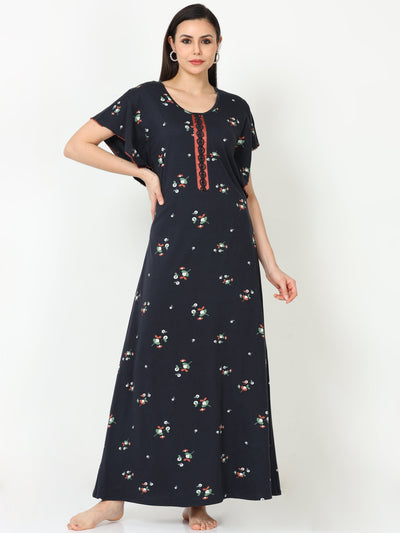 Hosiery Cotton Designer Nighty  Navy Blue