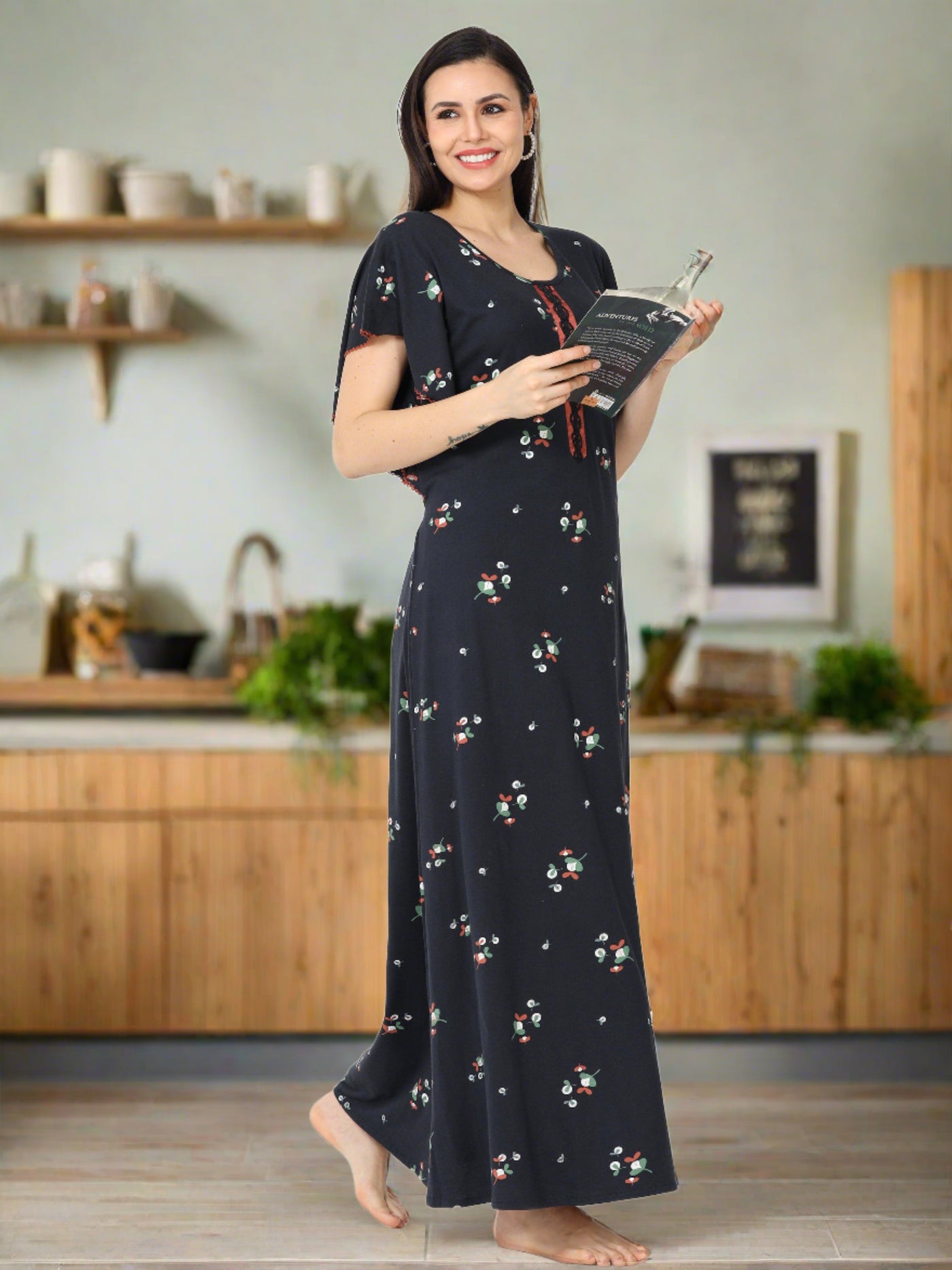 Hosiery Cotton Designer Nighty  Navy Blue