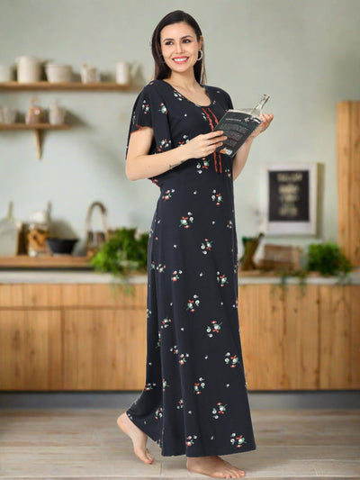 Hosiery Cotton Designer Nighty  Navy Blue