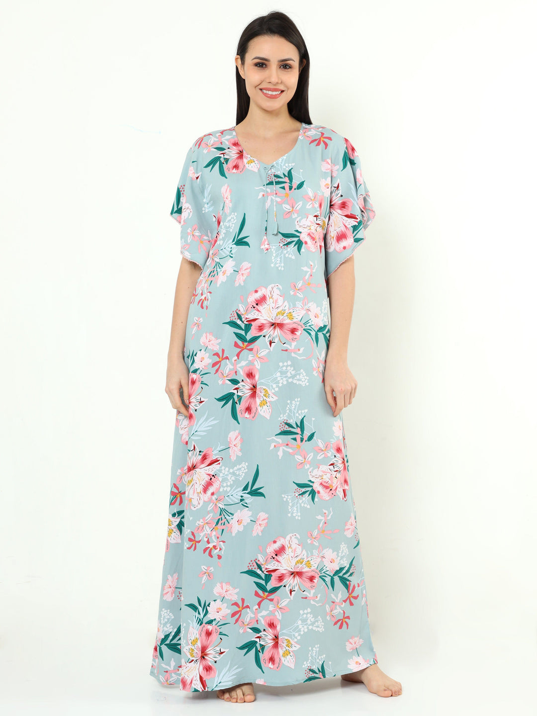  Rayon Designer Nighty  Floral Grey Rayon Designer Nighty | Ladies Nighty Design- 9shines label 