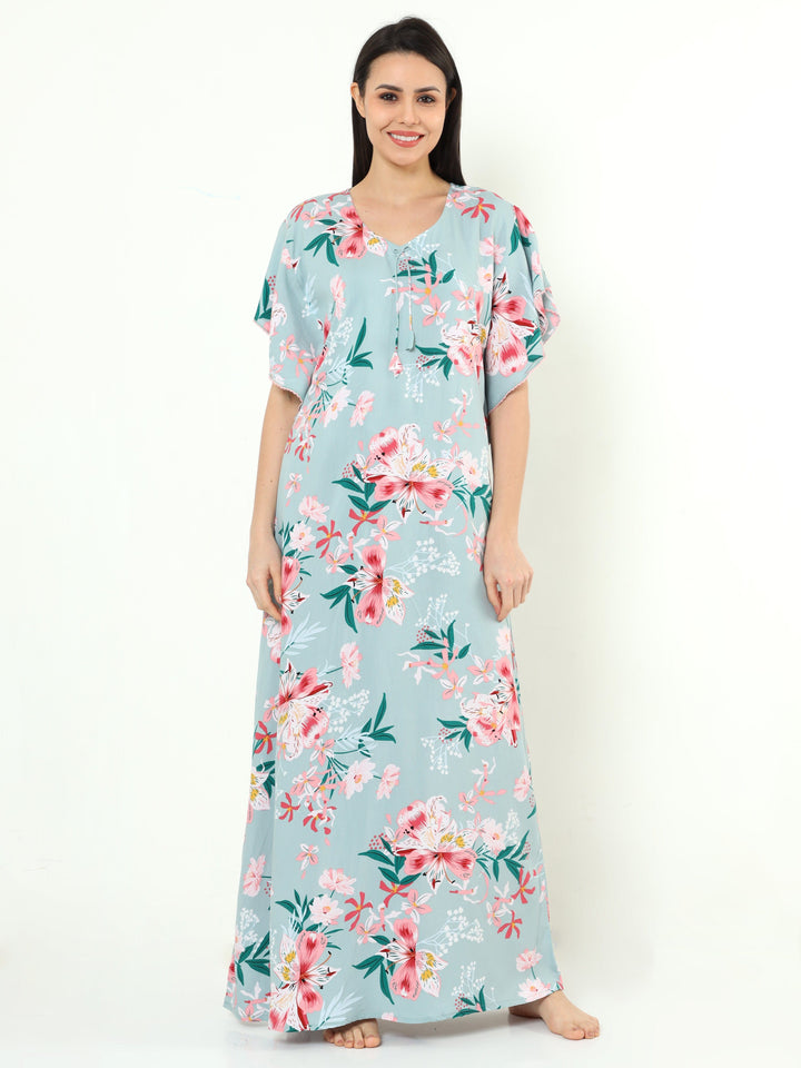  Rayon Designer Nighty  Floral Grey Rayon Designer Nighty | Ladies Nighty Design- 9shines label 