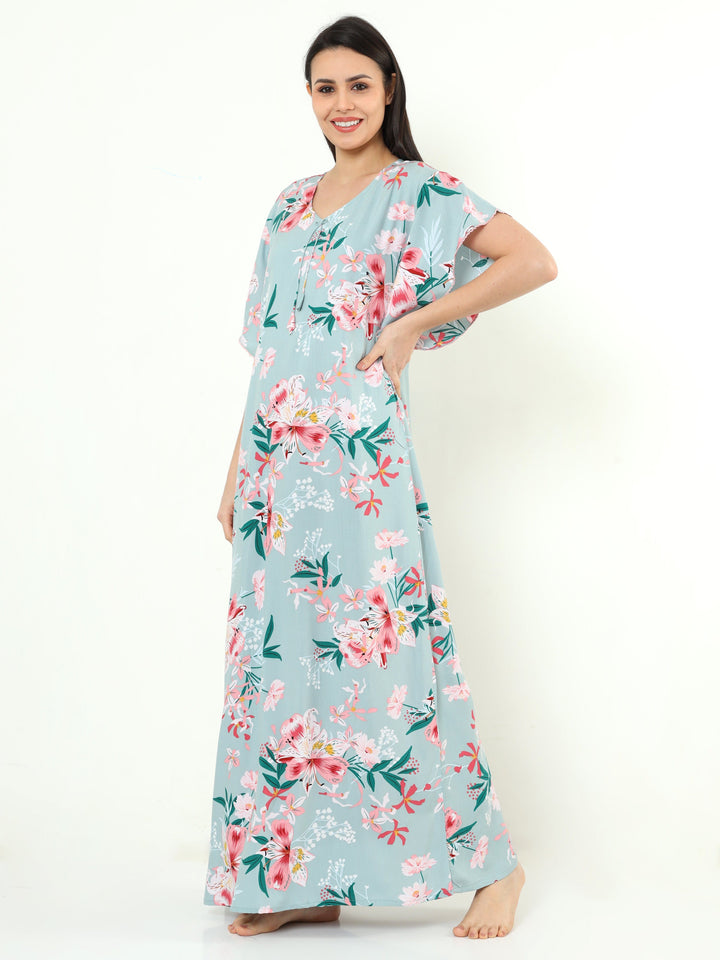  Rayon Designer Nighty  Floral Grey Rayon Designer Nighty | Ladies Nighty Design- 9shines label 