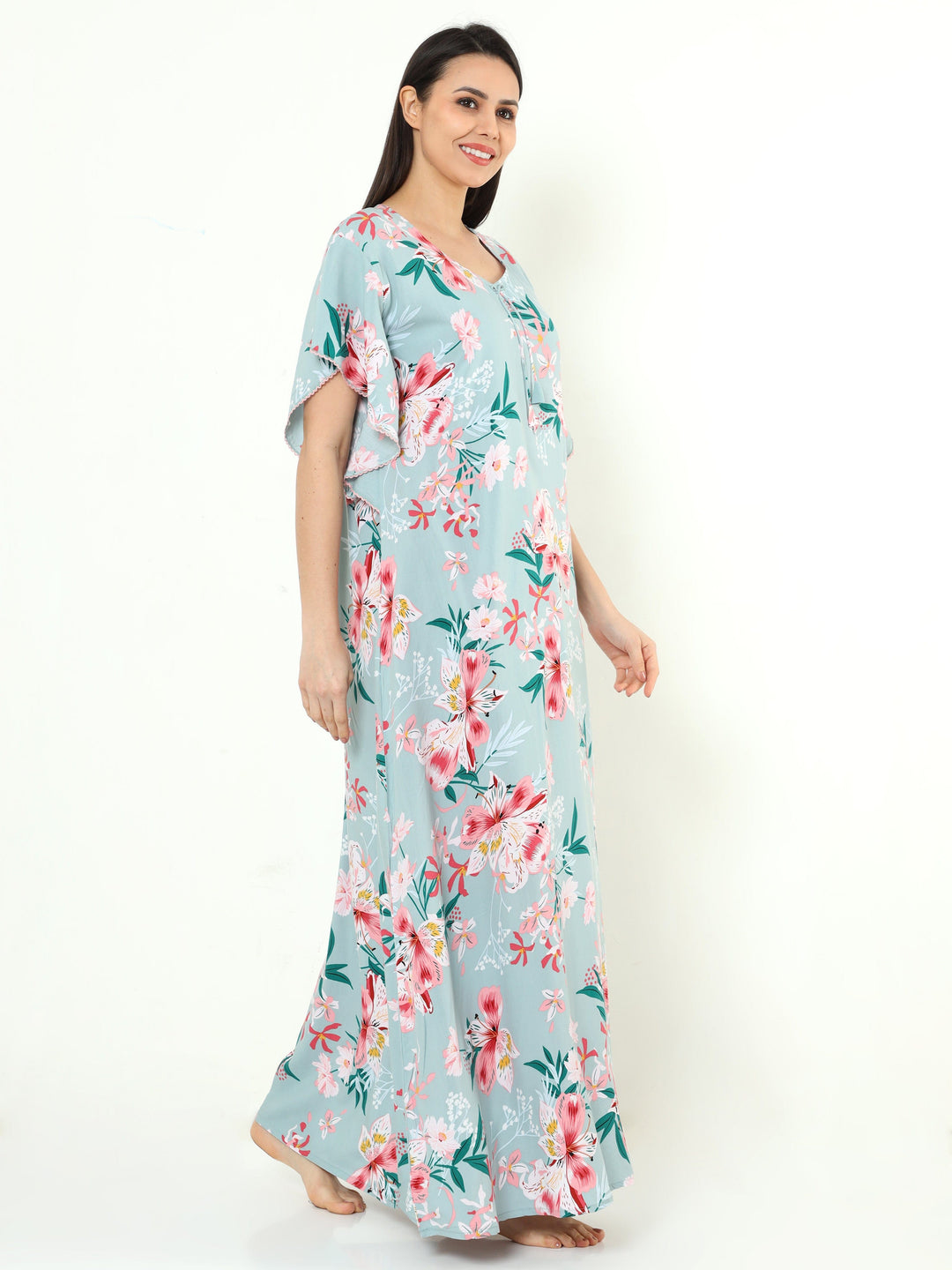  Rayon Designer Nighty  Floral Grey Rayon Designer Nighty | Ladies Nighty Design- 9shines label 