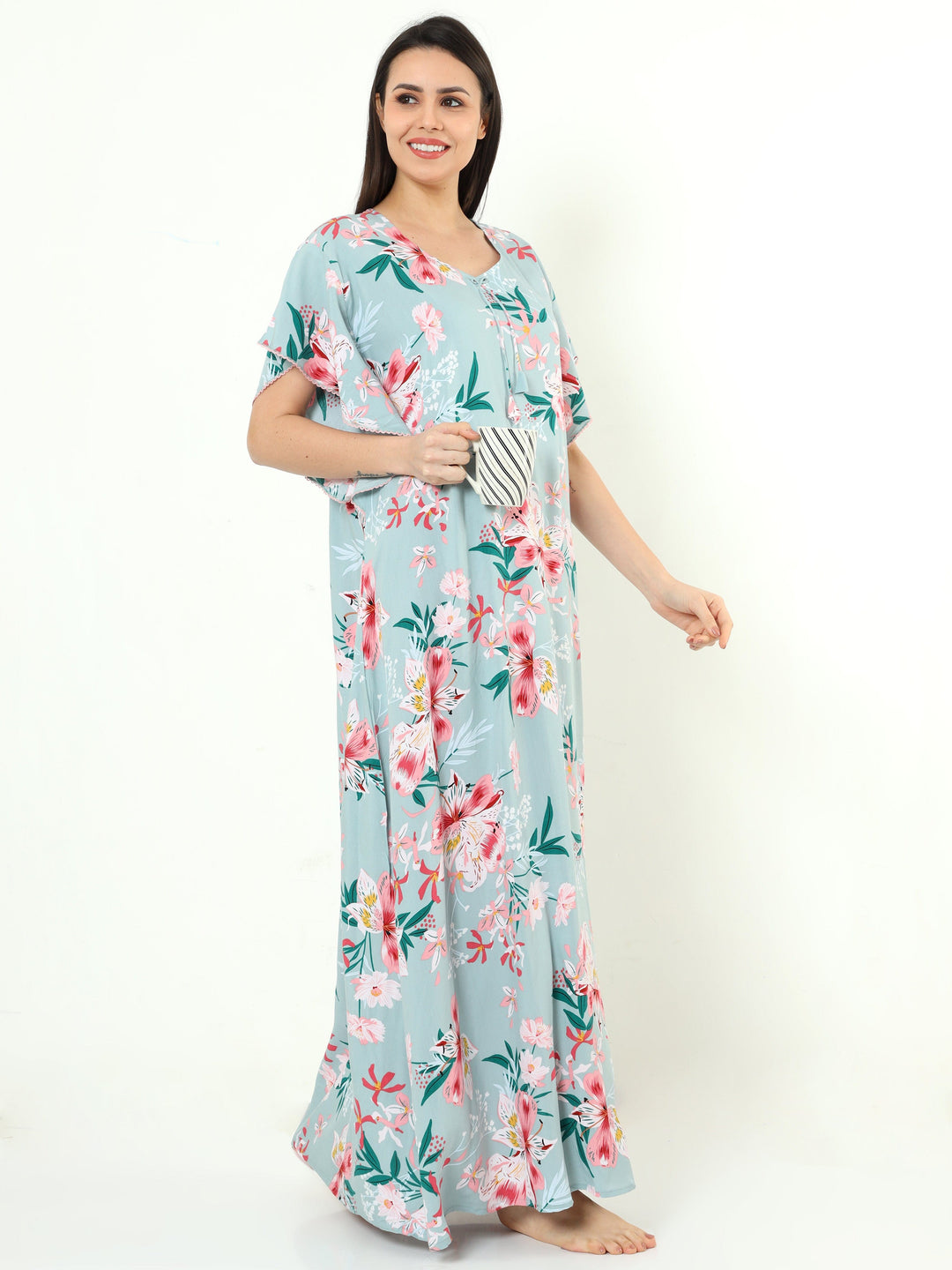  Rayon Designer Nighty  Floral Grey Rayon Designer Nighty | Ladies Nighty Design- 9shines label 