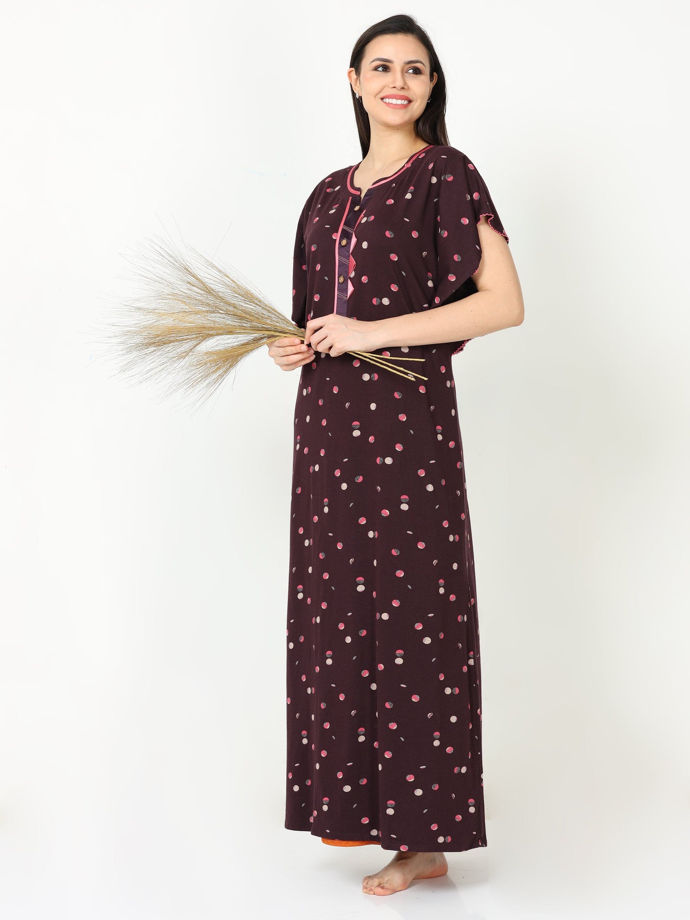 Hosiery Cotton Designer Nighty  Maroon