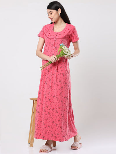 Tomato Red Cotton blend Maternity Feeding Nighty 