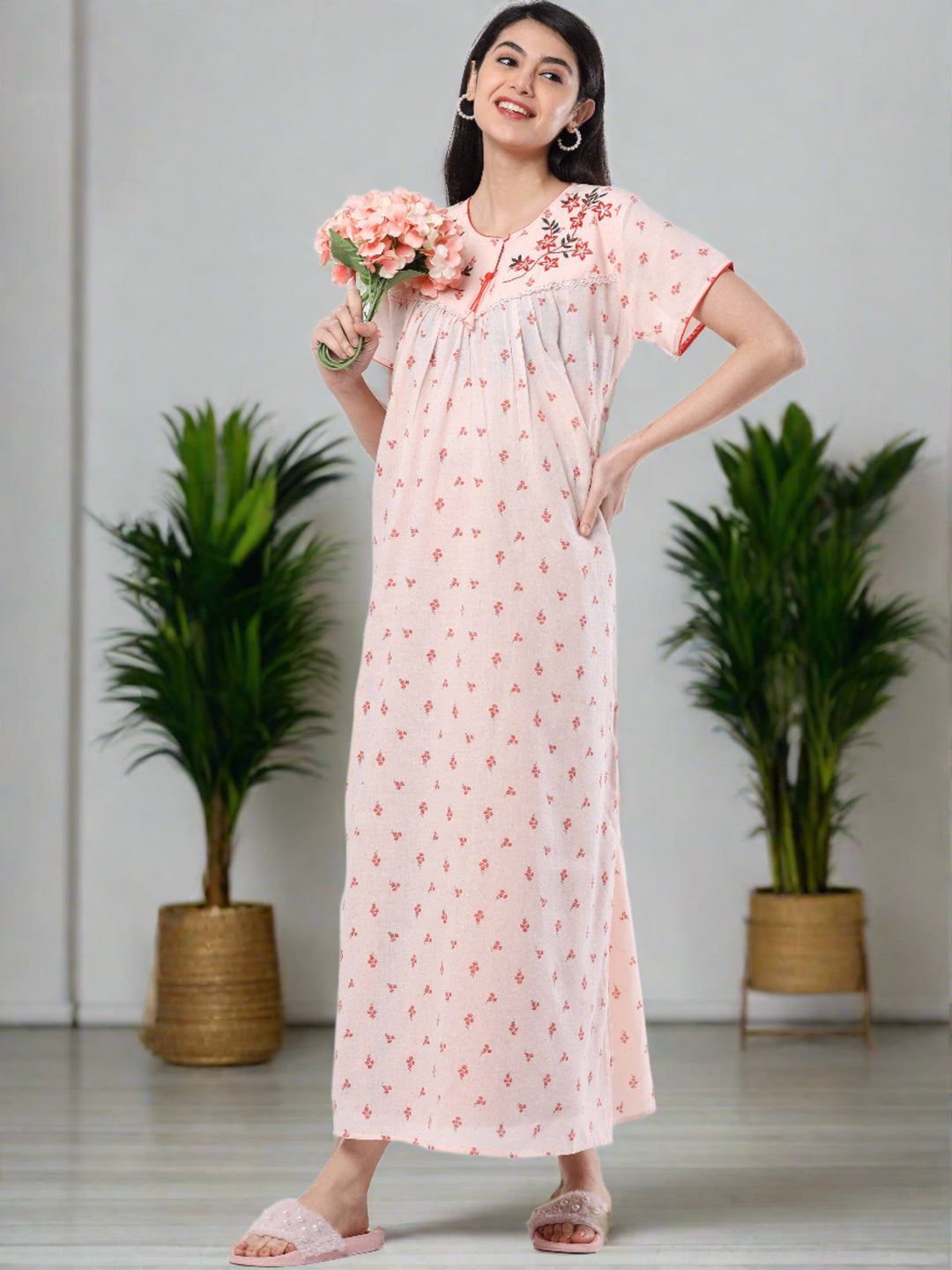 Grey Cotton Nighty Prettified with Floral-Leaf Patterns Print, Featuring Patch Embroidered Neck, Round Front Neck, and Half-Sleeves main image 0