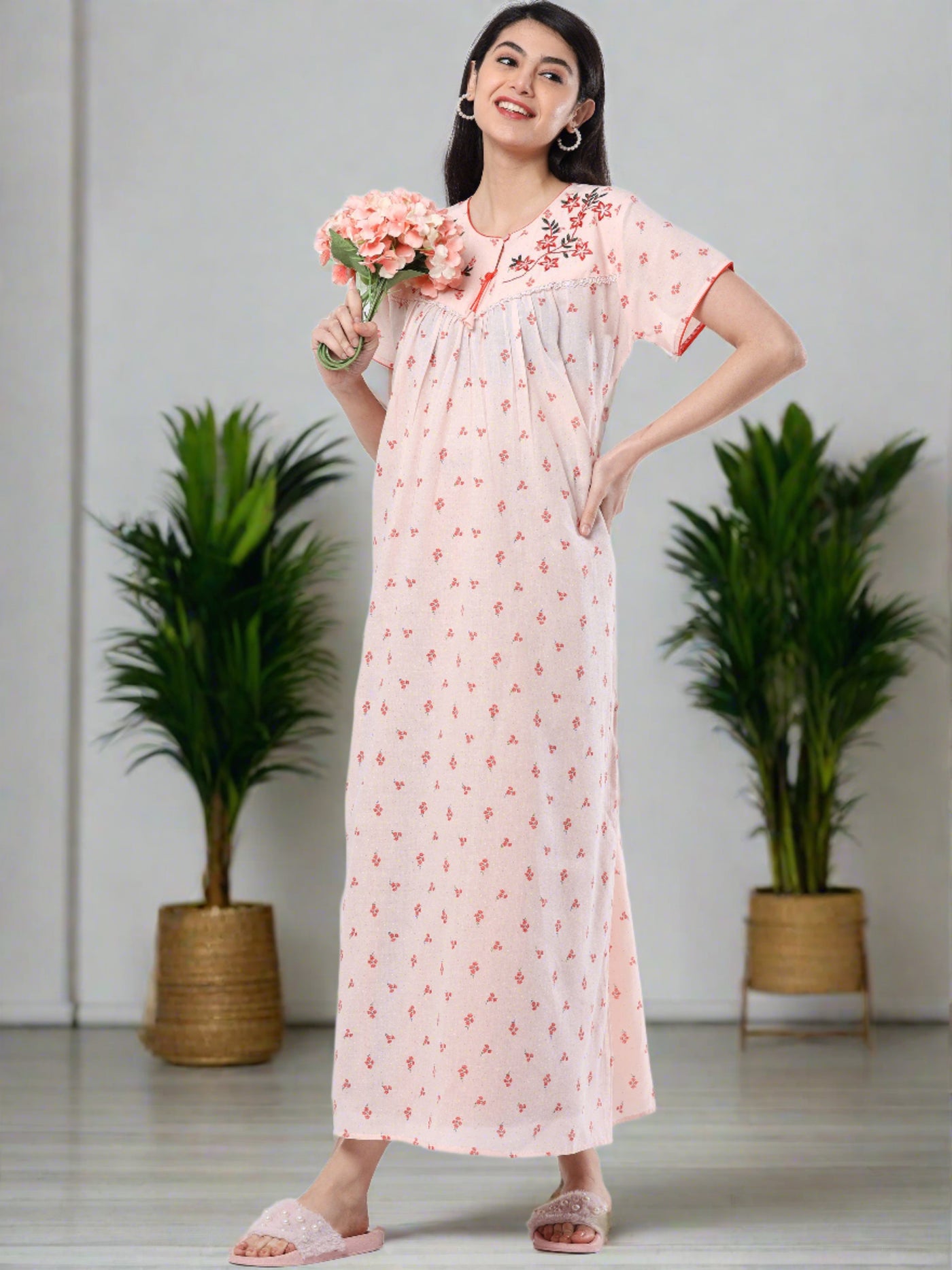 Grey Orange Flower Cotton Designer Nighty 