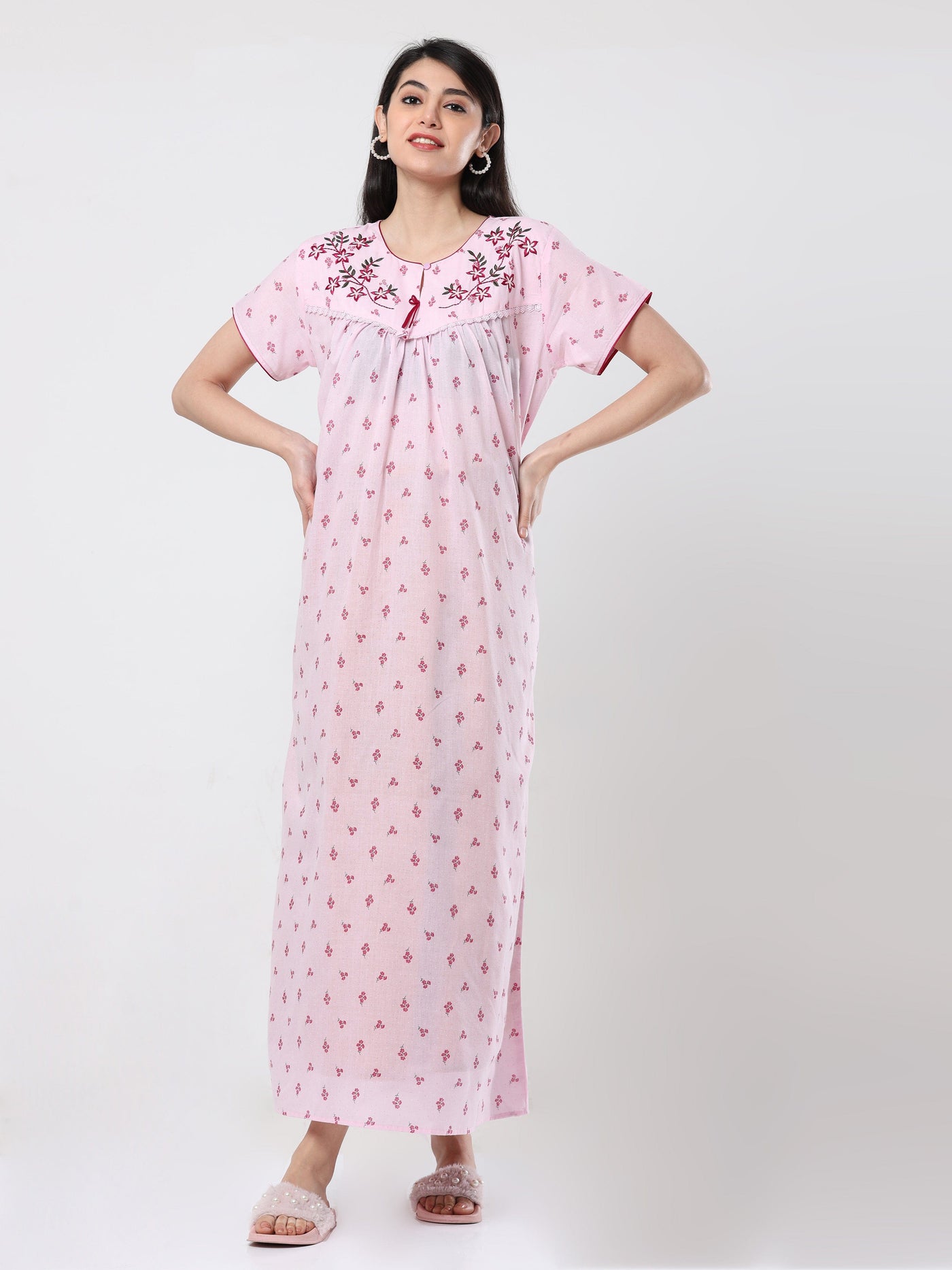  Grey Red Flower Cotton Designer Nighty 