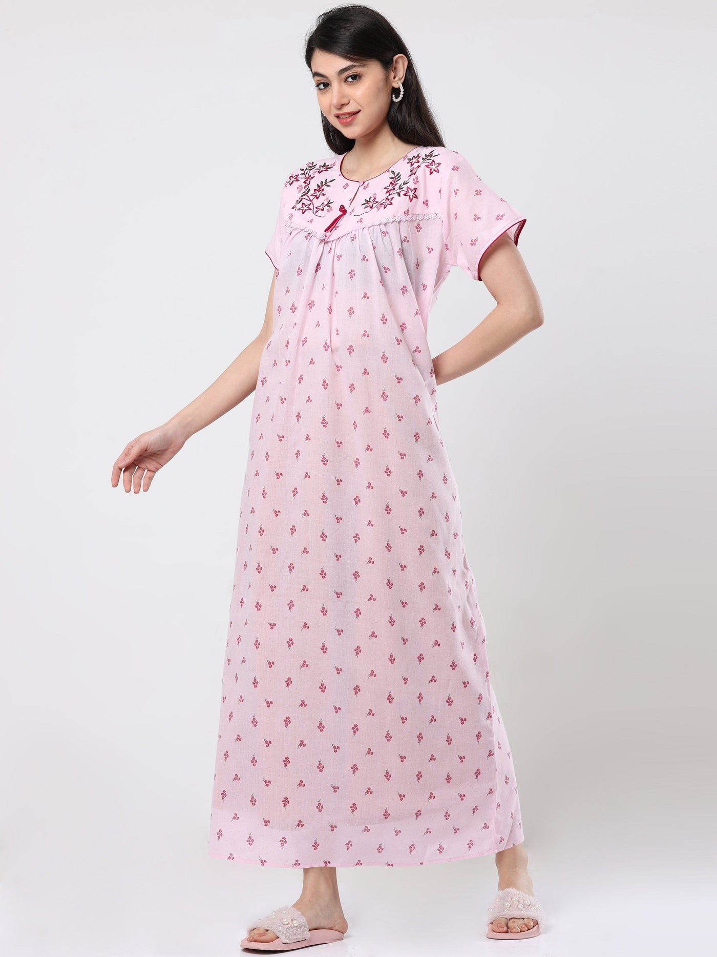 Grey Red Flower Cotton Designer Nighty 