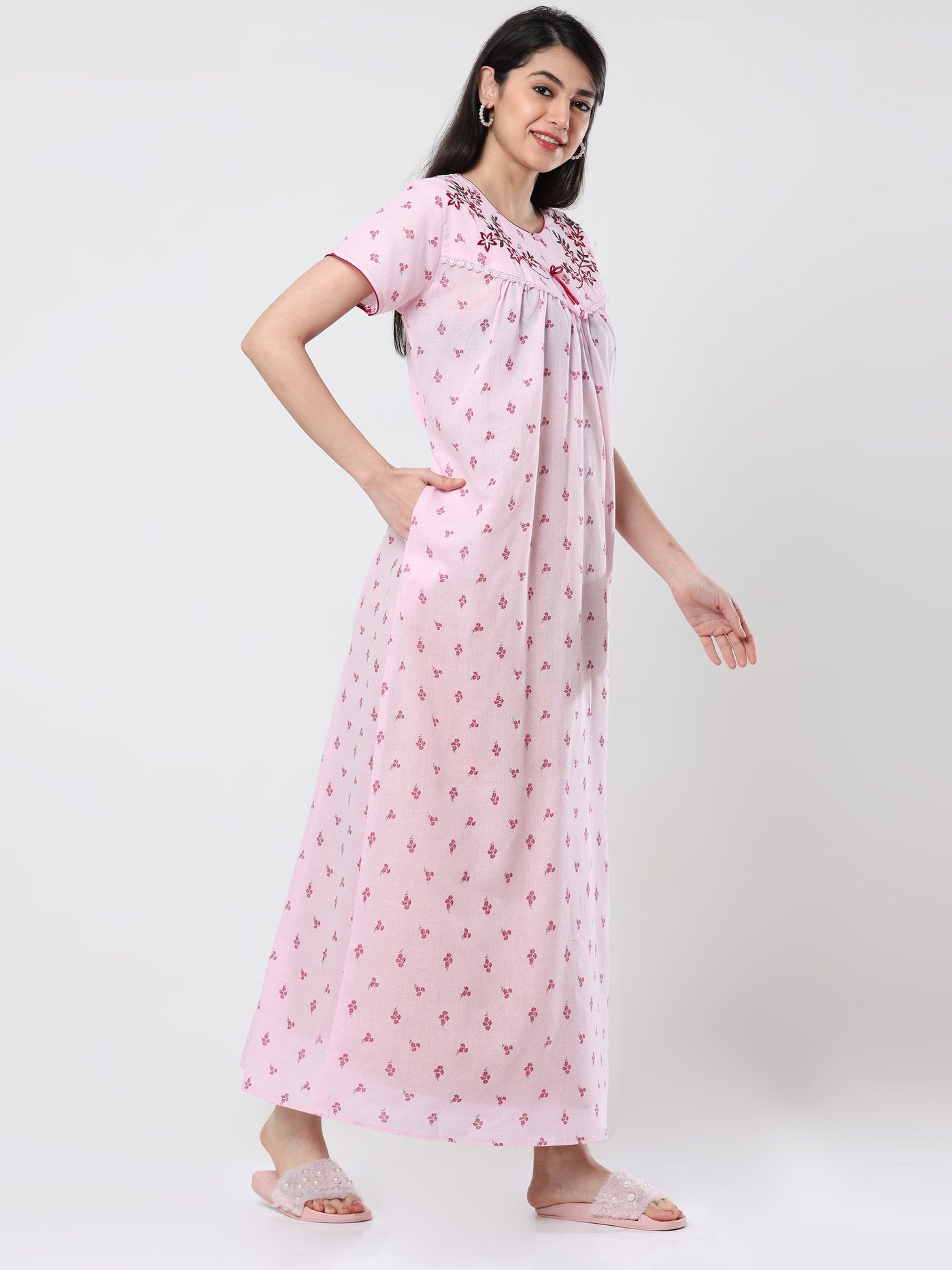  Grey Red Flower Cotton Designer Nighty 
