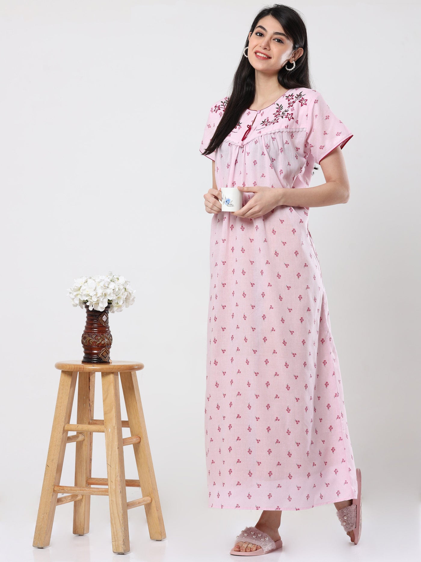  Grey Red Flower Cotton Designer Nighty 