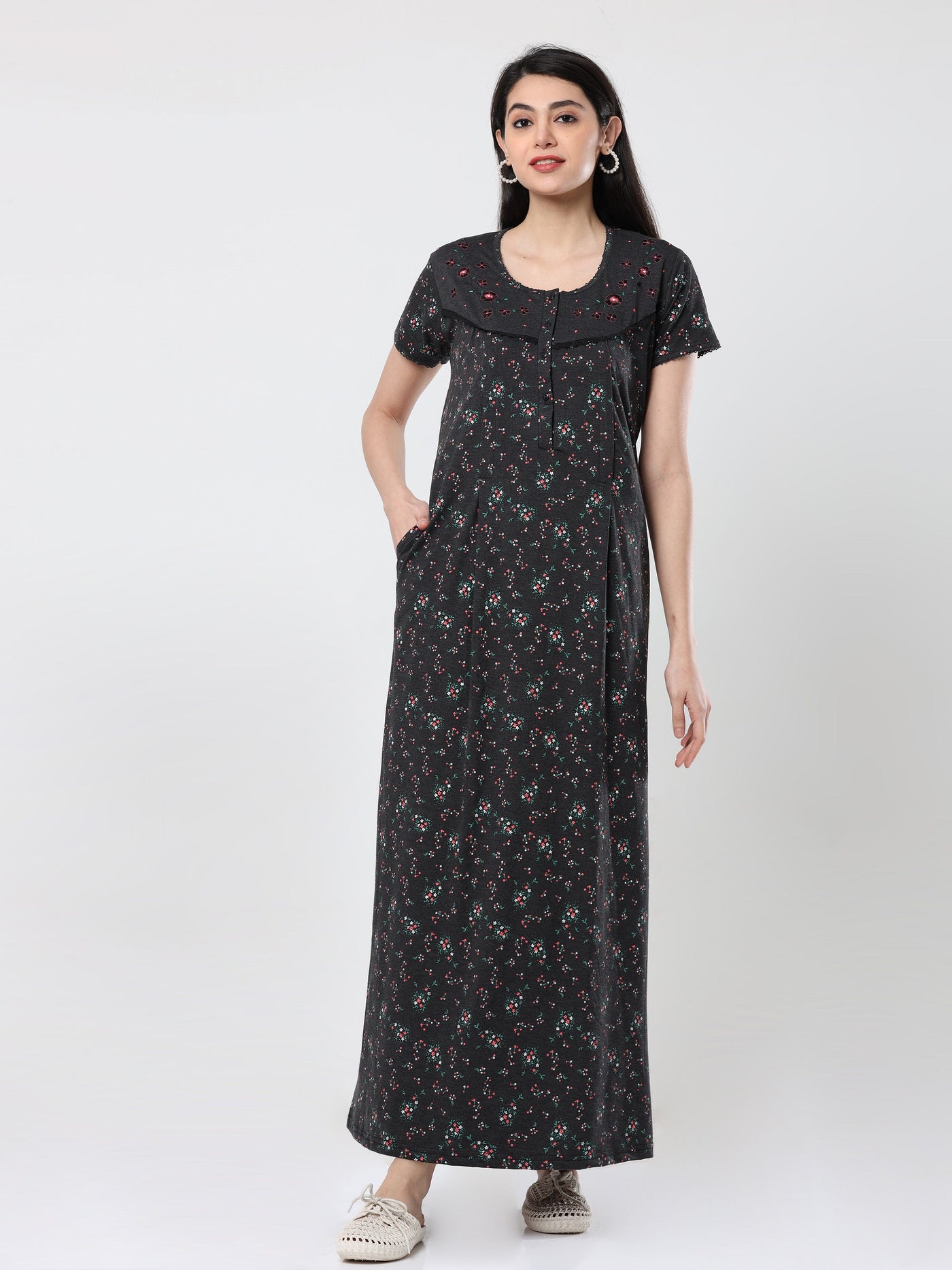 Cotton Blend Maternity Feeding Nighty Black