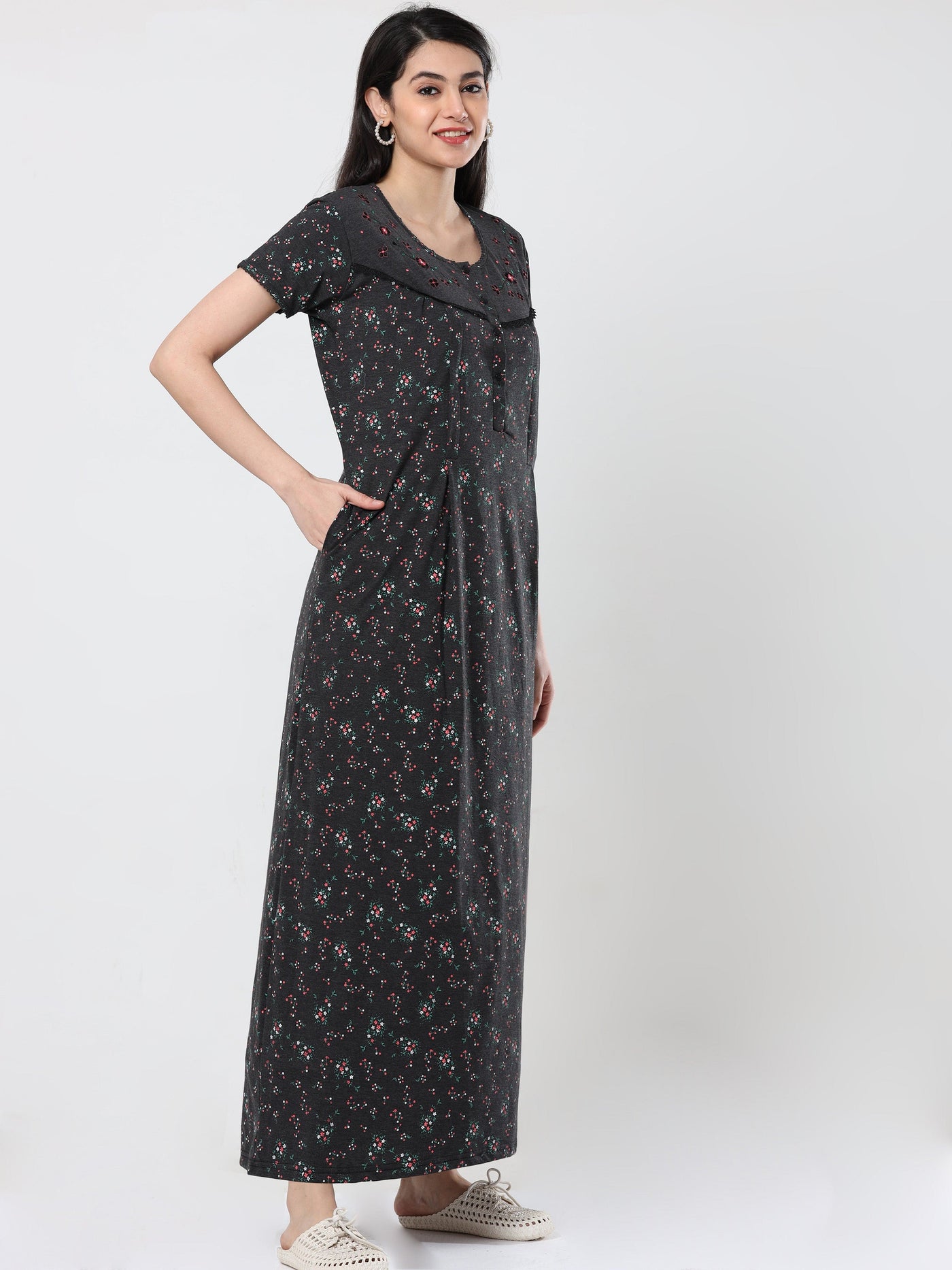 Cotton Blend Maternity Feeding Nighty Black