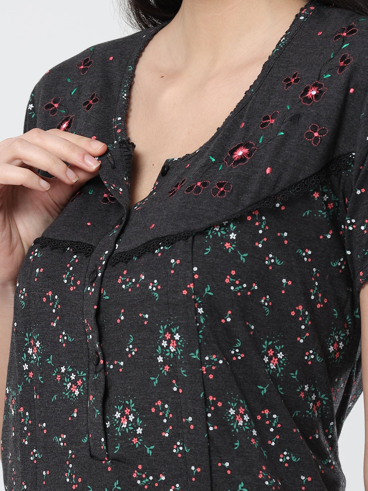 Cotton Blend Maternity Feeding Nighty Black